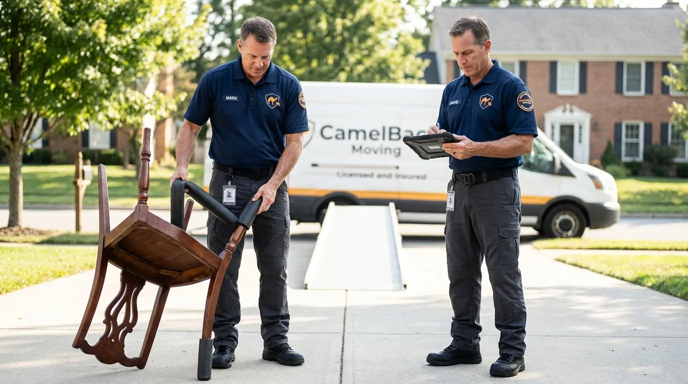 Movers inspecting furniture for damage prevention before loading in Gill, MA