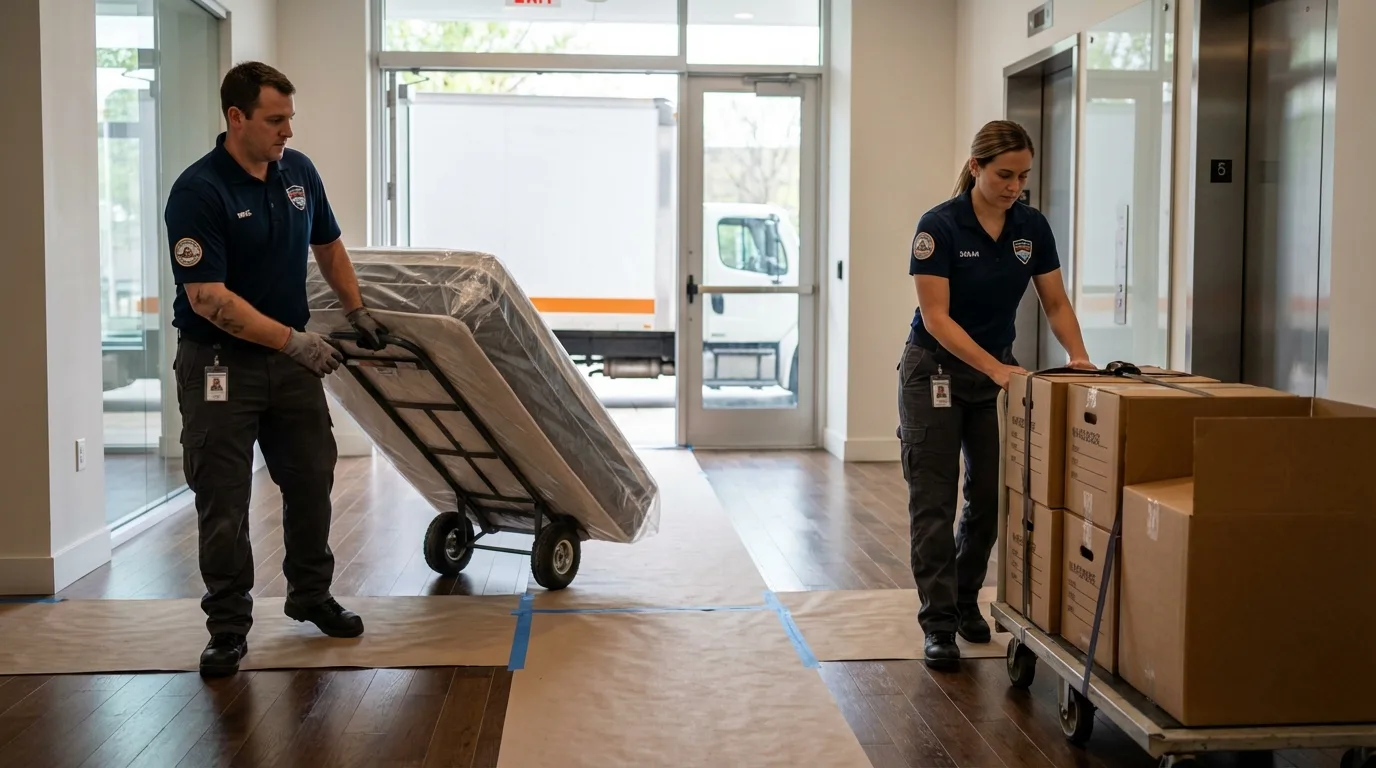 Professional apartment movers loading elevator in Gill, MA